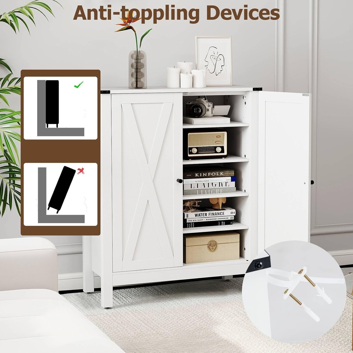 Adjustable 5-Shelf Wooden Shoe Cabinet with Magnetic Doors & Anti-Tip Safety