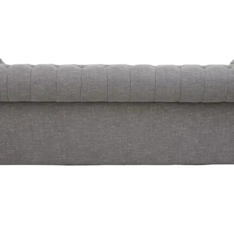 Grey Linen 3 Seater Chesterfield Sofa w/ Scroll Arms & Wooden Legs