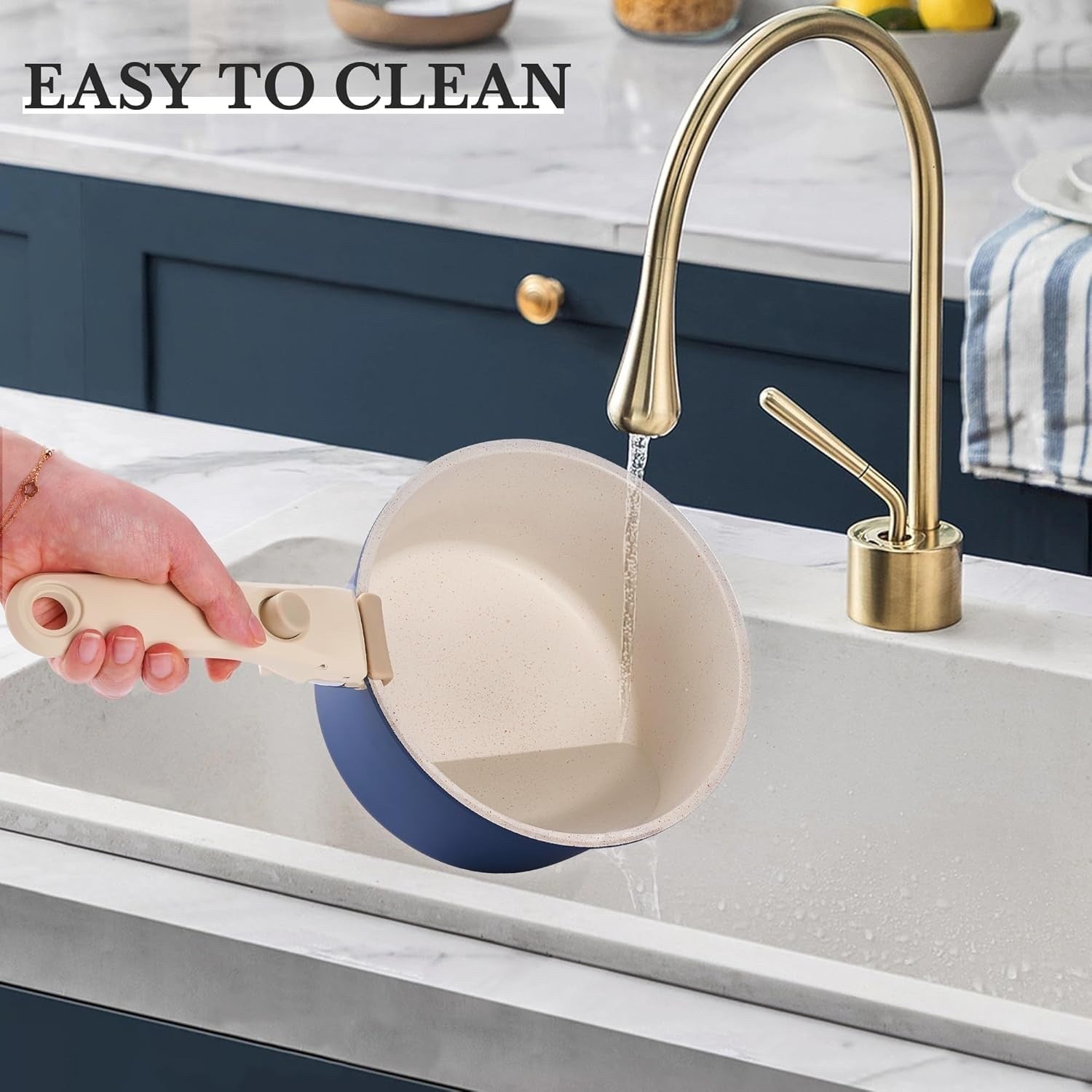 5Pcs Blue Pots Pans Set with Glass Lids & Detachable Handle Induction Safe