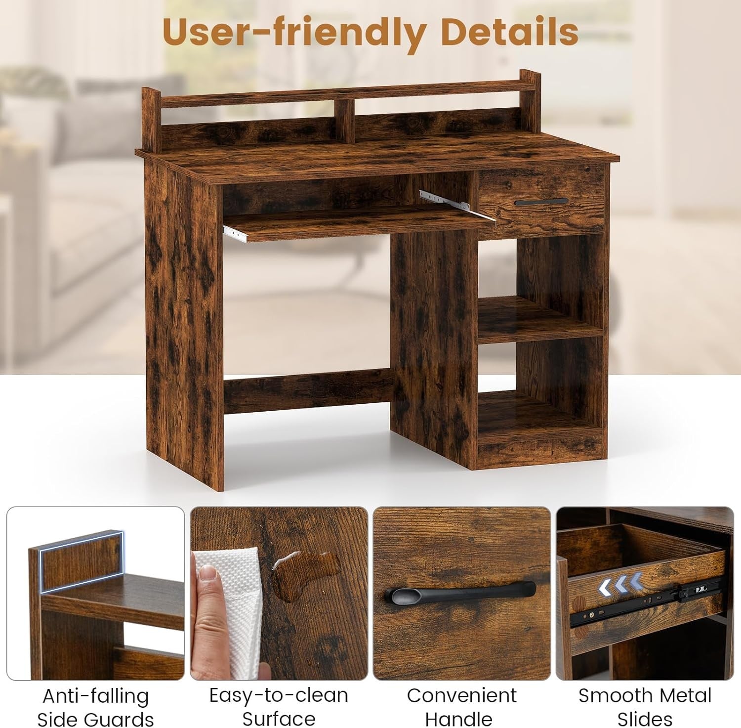 Rustic Brown Computer Desk with Storage Shelves Drawer Keyboard Tray