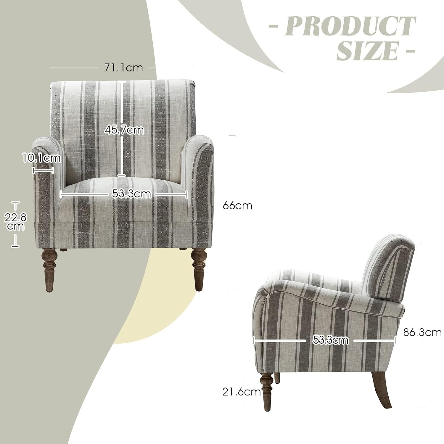 Set of 2 Striped Upholstered Armchair with Wooden Legs Lounge or Bedroom Grey