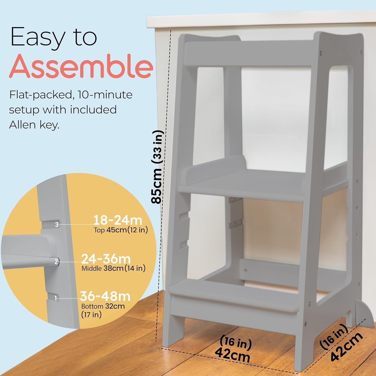 Adjustable Toddler Learning Tower with Safety Rail & Non-Slip Step, Grey