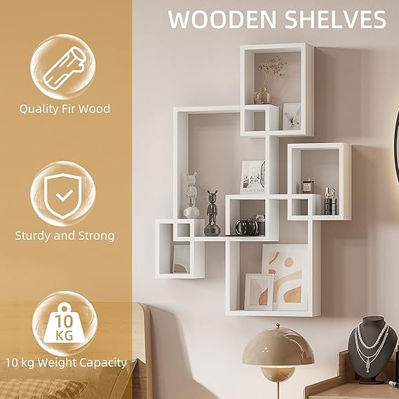 Modern Interlocking Cube Wall Shelves Floating Display Unit – White 5-Tier