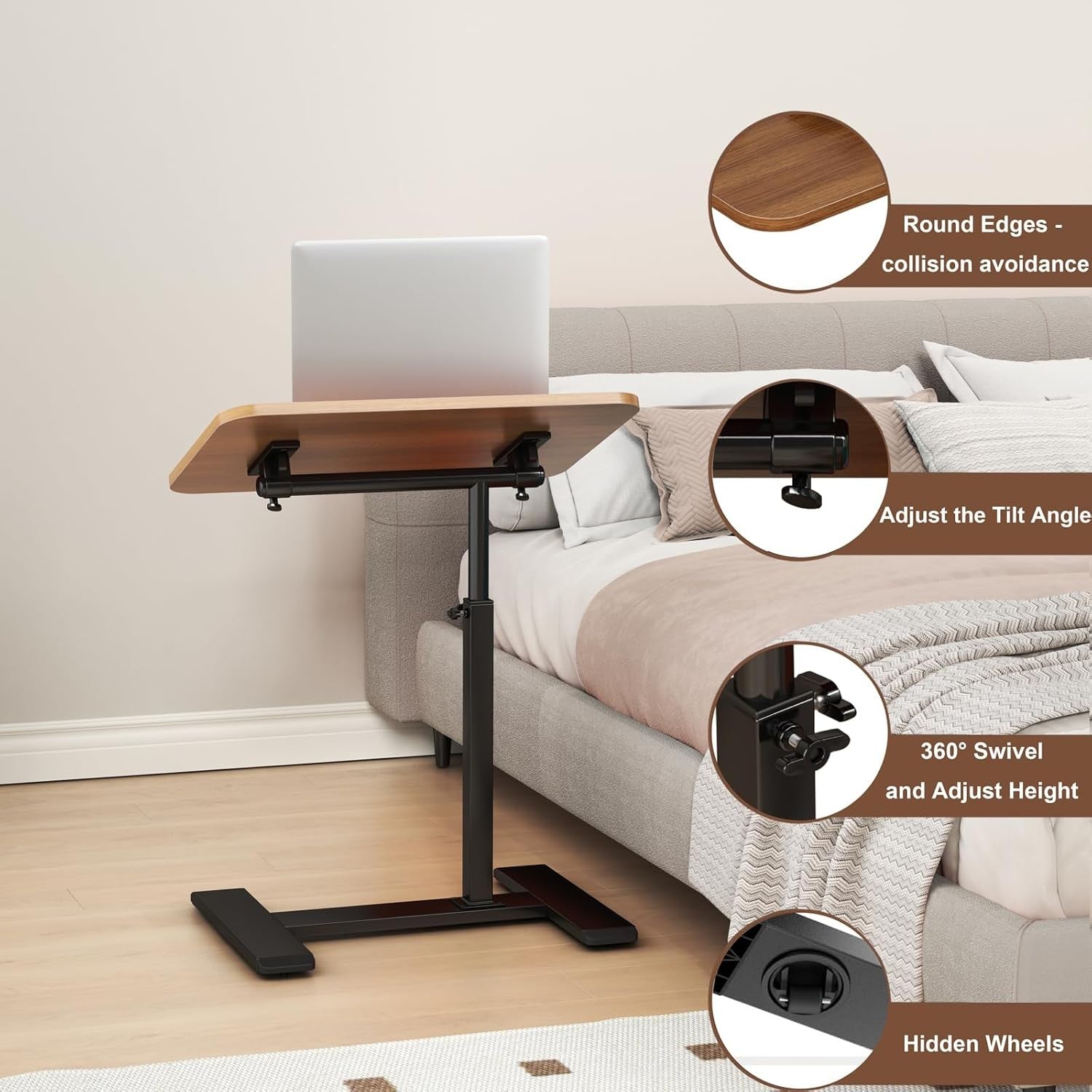 Adjustable C Shaped Side Table Laptop Desk Swivel Overbed Sofa Wheels