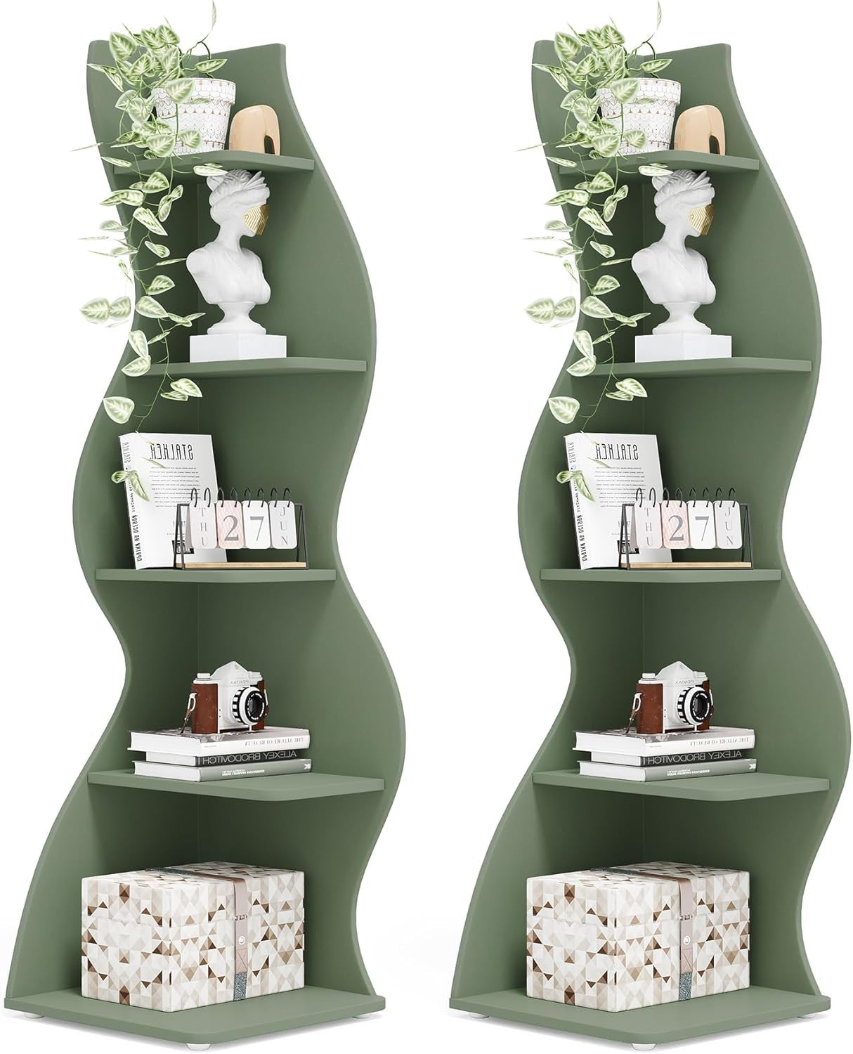 2PC Modern 5-Tier Wave Corner Bookshelf Set – Space-Saving Wall Display Shelves