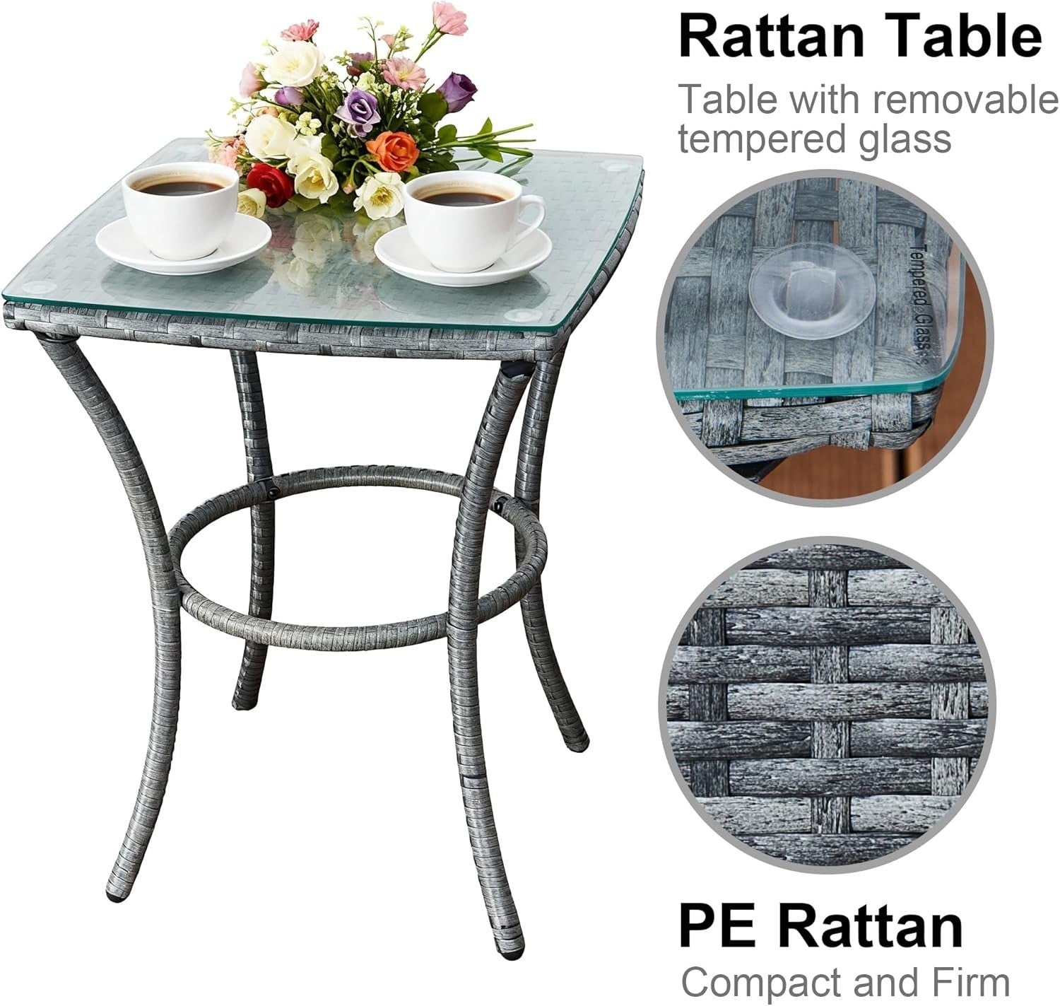 3pc Grey Rattan Bistro Set Balcony Garden Chairs Glass Table Patio Seating