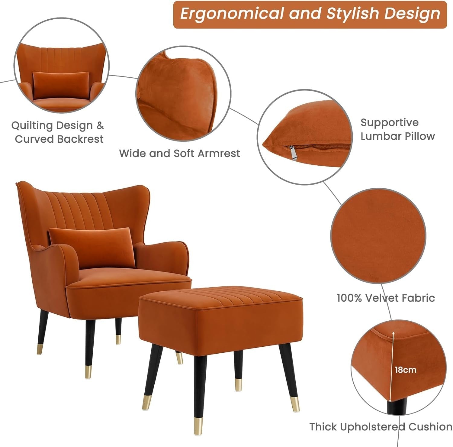 Velvet Armchair with Footstool Wing Back Chair Lounge Sofa Accent Seat
