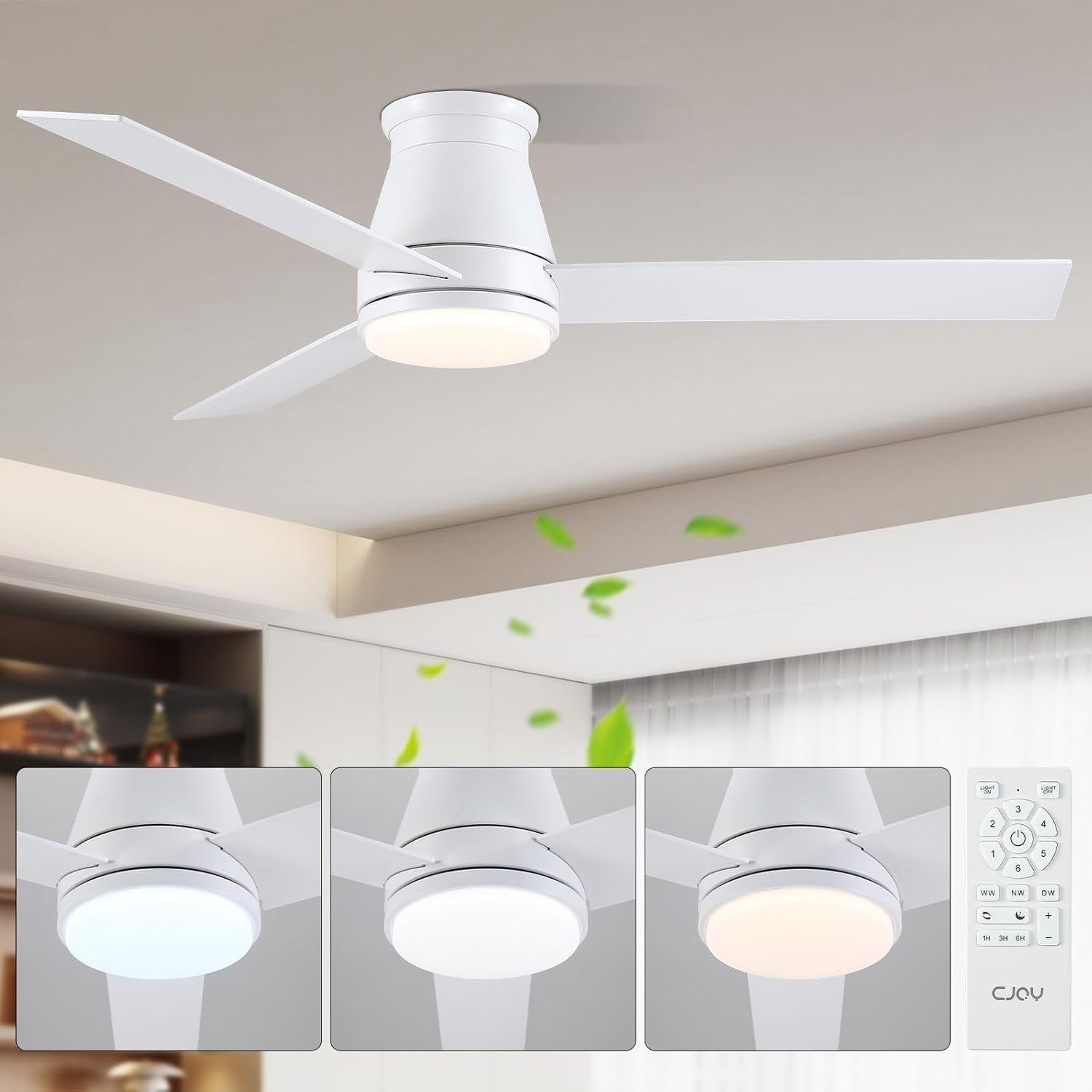 CJOY 52" Ceiling Fan with Lights 6 Speeds Reversible DC Motor White