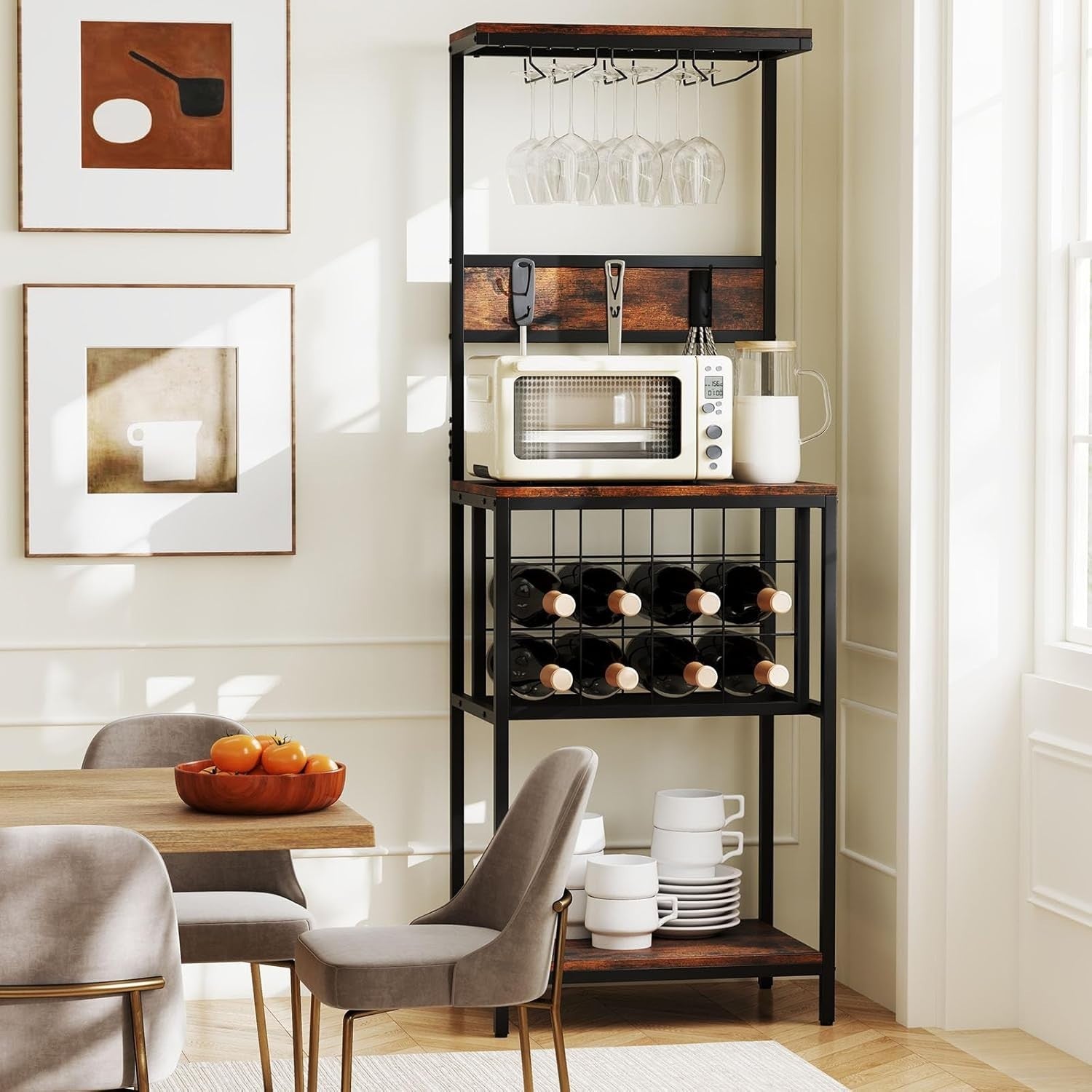 Freestanding Wine Rack Bar Cabinet with Glass Holder & Storage Shelves