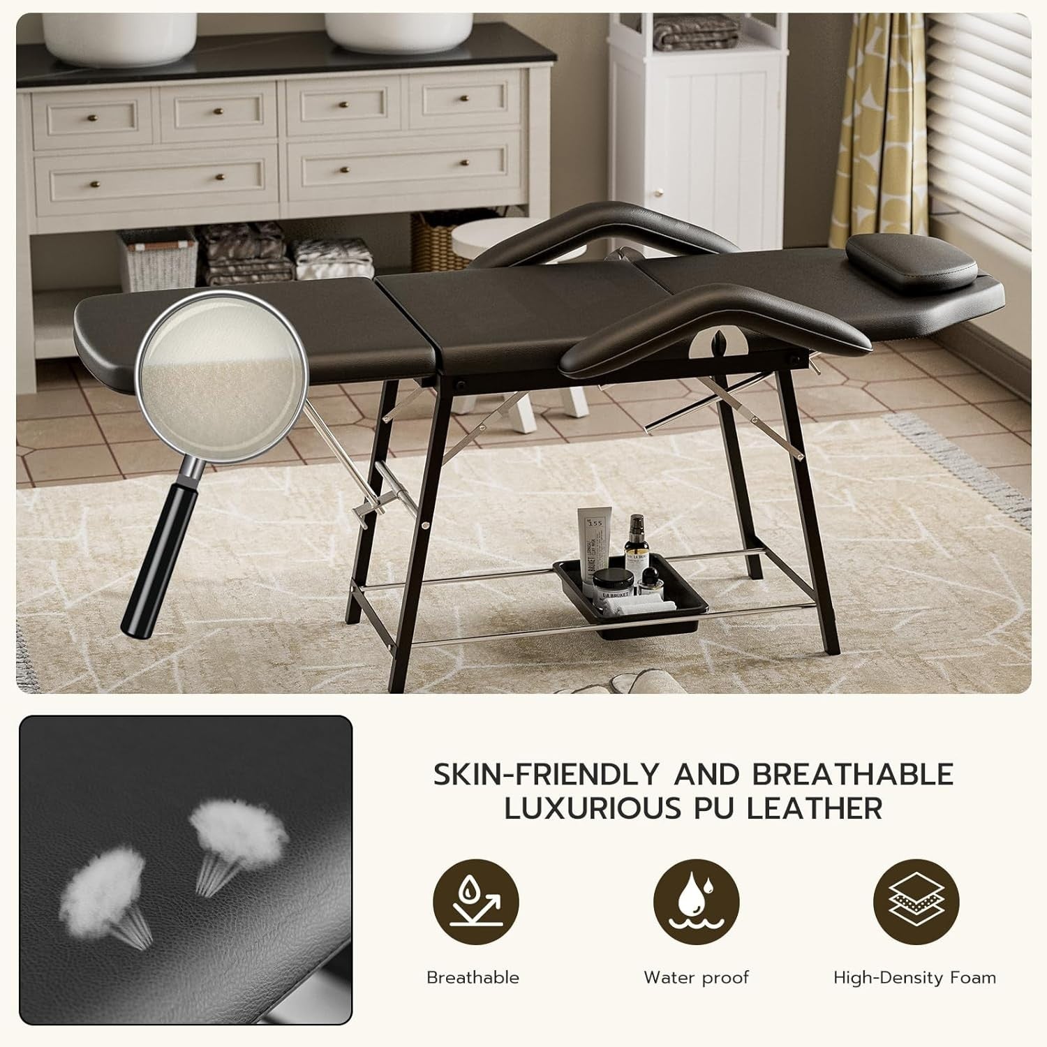 Portable 3-Section Massage Table Folding Beauty Spa Bed w/ Storage Tray Black
