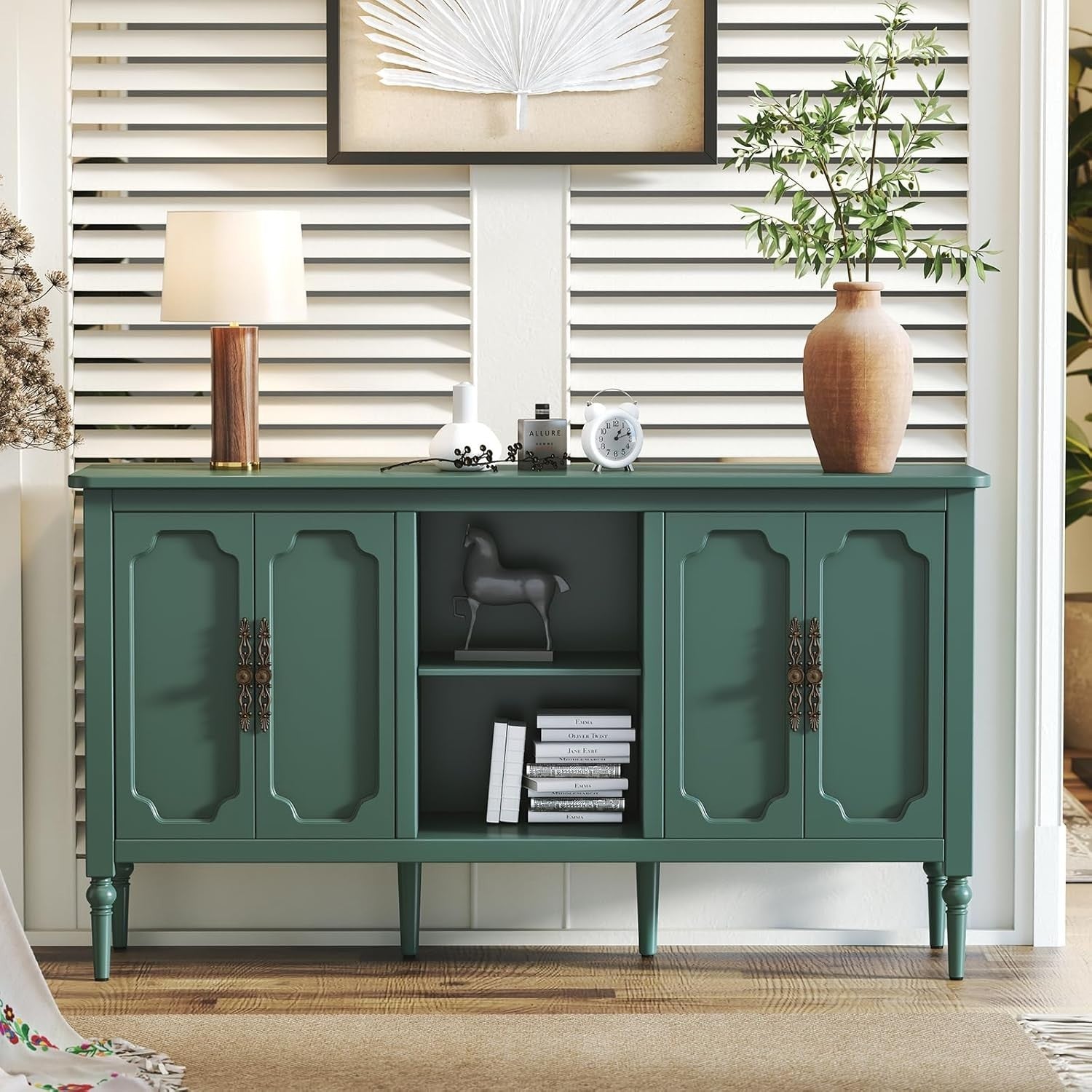 Green Wood Sideboard Cabinet 4 Door Gold Accent Buffet Storage Unit