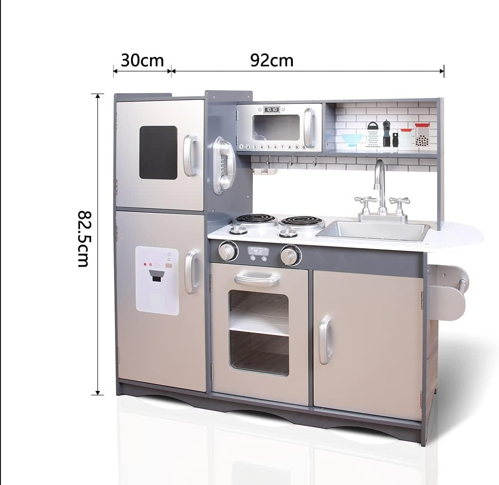Large Wooden Kids Play Kitchen Grey Pretend Cooking Set With Toys