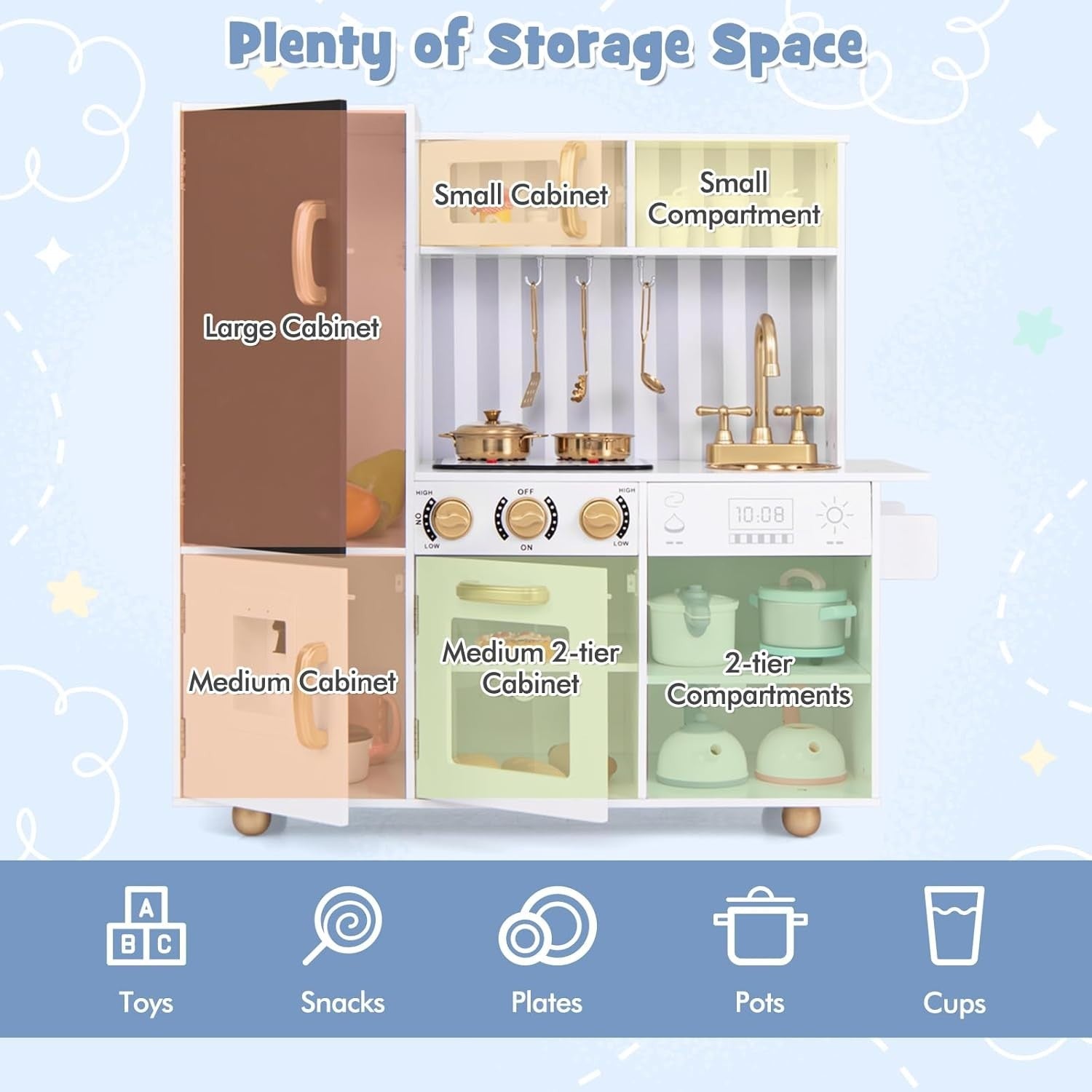 Kids Wooden Play Kitchen Lights Sounds Water Dispenser White Gold