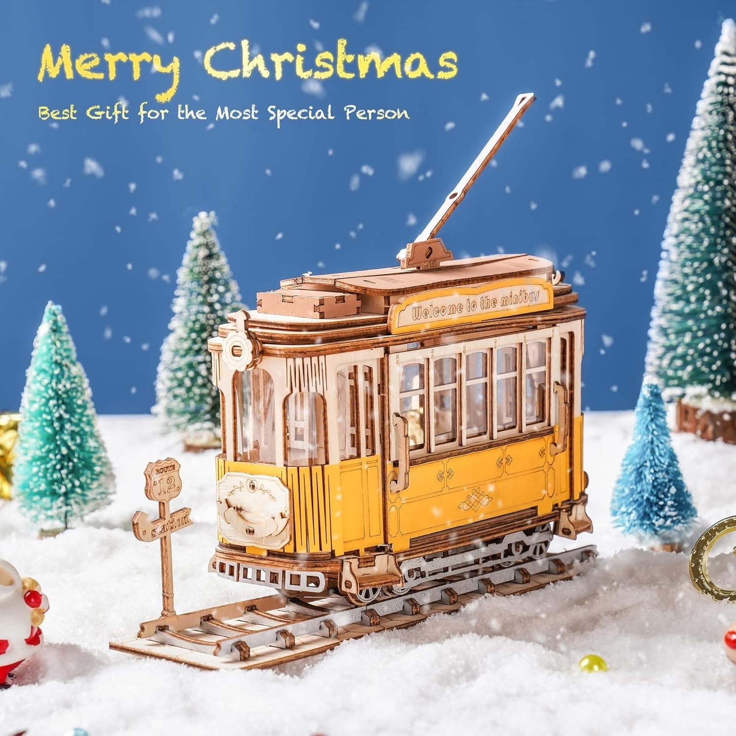 3D Wooden Tram Puzzle Model Kit with Moving Parts & Retro Design