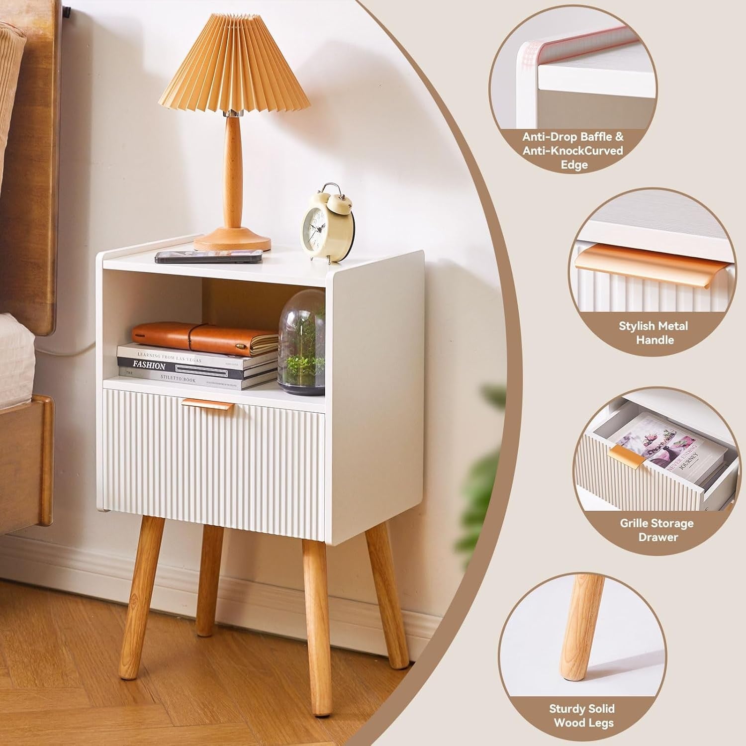 White Bedside Table with Drawer & Open Shelf – Modern 2-Tier Nightstand with Woo