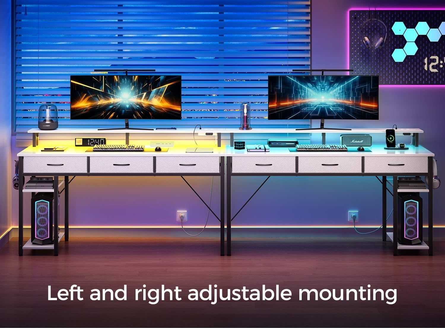 White Computer Desk with Drawers, LED Lights & Power Outlets Workstation