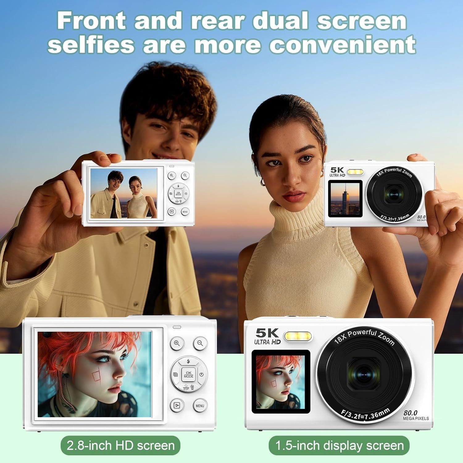 5K 80MP Digital Camera WiFi Dual Screen Vlogging Camera White