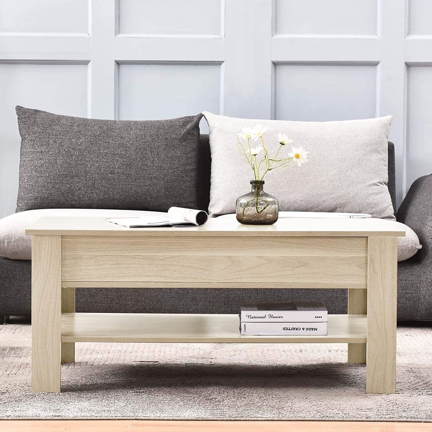 Lift Top Coffee Table with Storage Large Hidden Compartment Oak 120x60cm