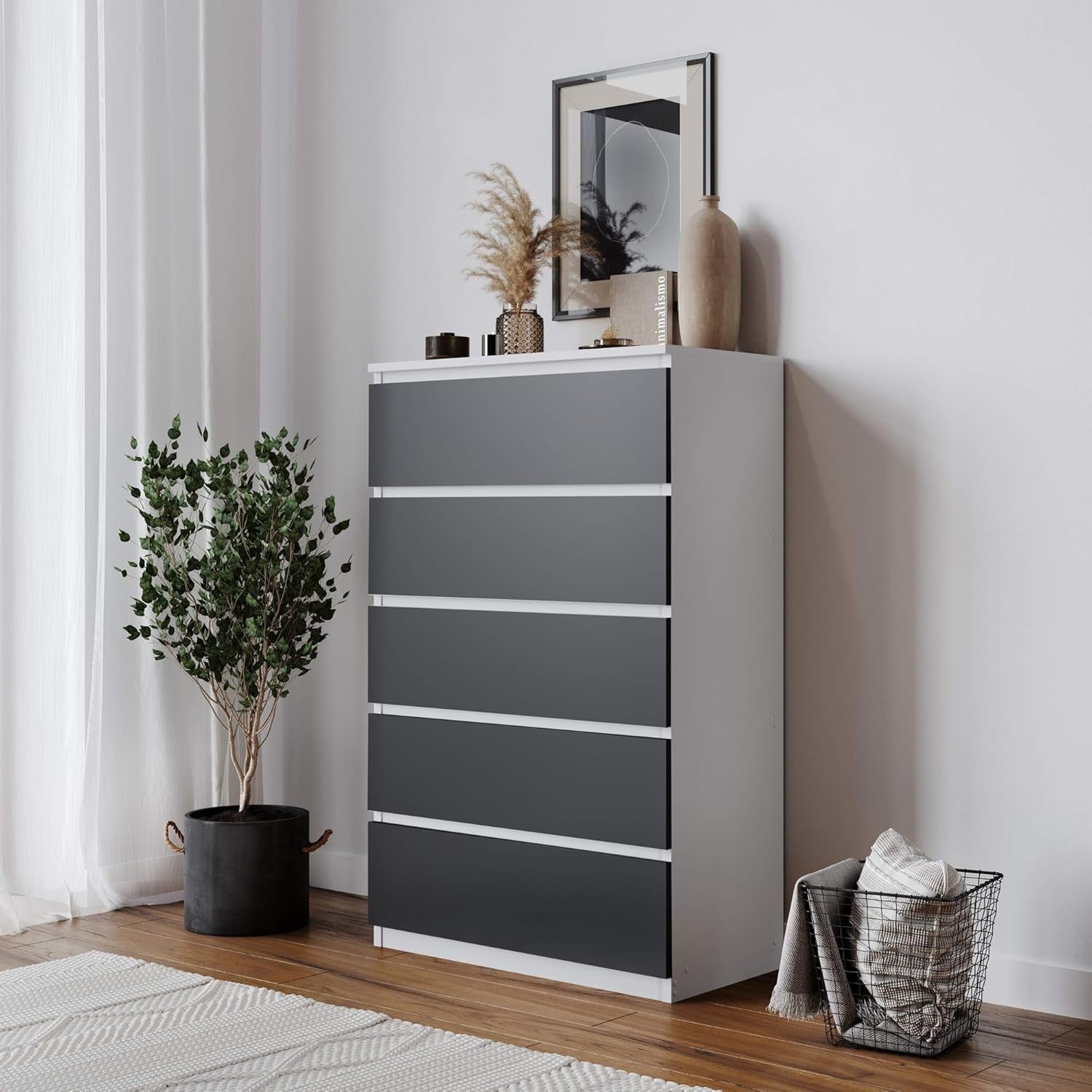 Modern 5 Drawer Storage Chest Black Drawers White Frame Bedroom Cabinet
