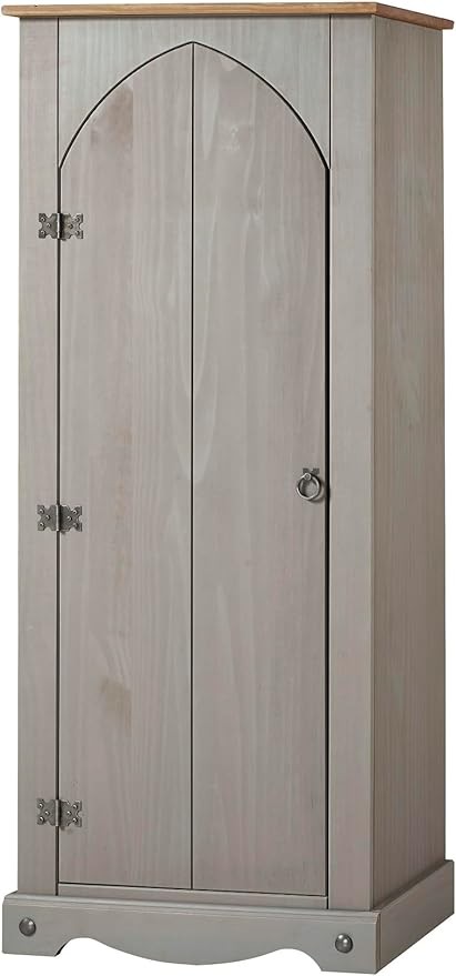 Tall Grey Pine Storage Cupboard with 1 Door & 3 Shelves, Rustic Wooden Cabinet