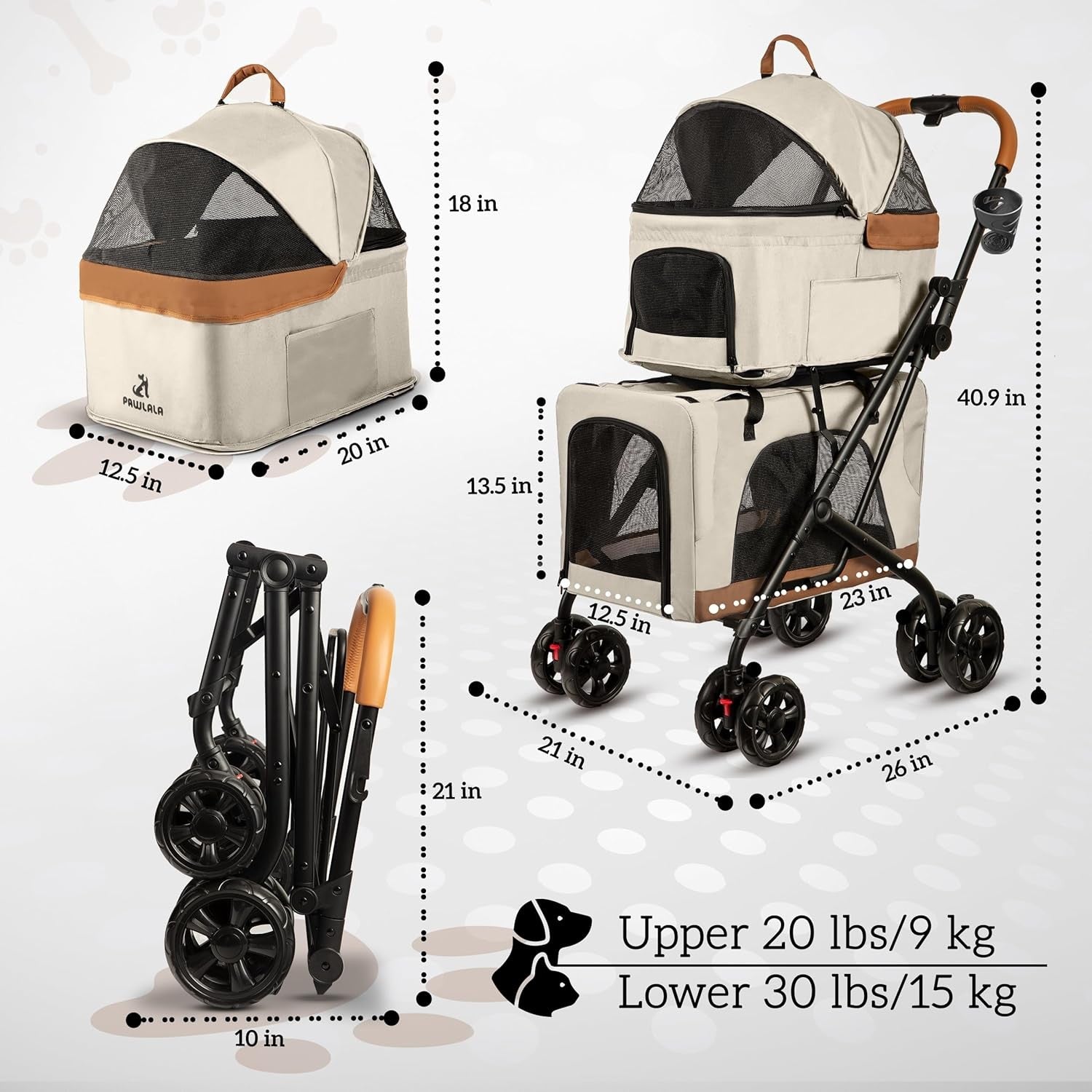 Double Pet Stroller for Dogs Cats Detachable Carriers Foldable Travel Pram
