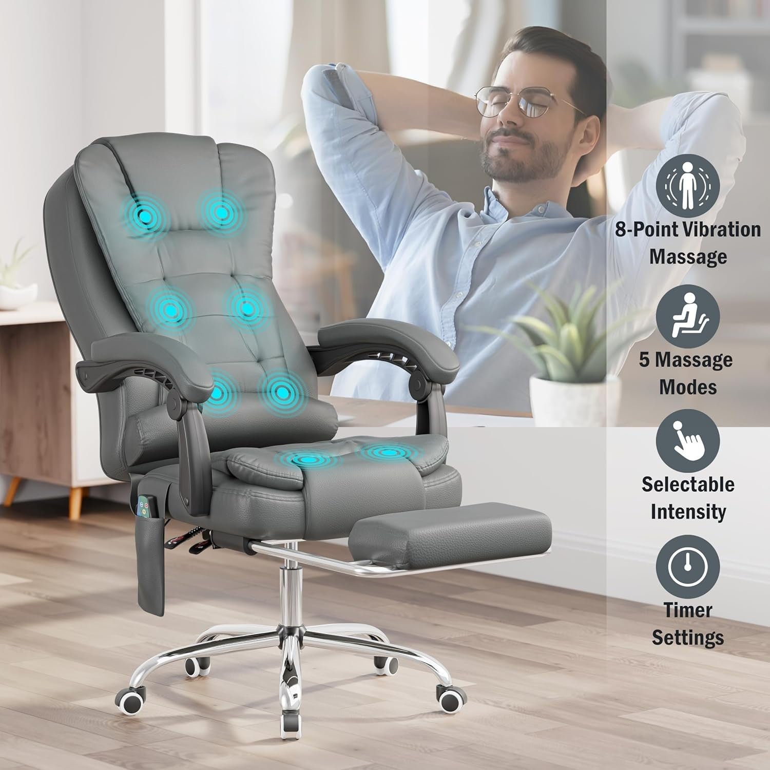 Ergonomic Massage Office Chair Recliner Footrest Gaming Desk Seat Grey