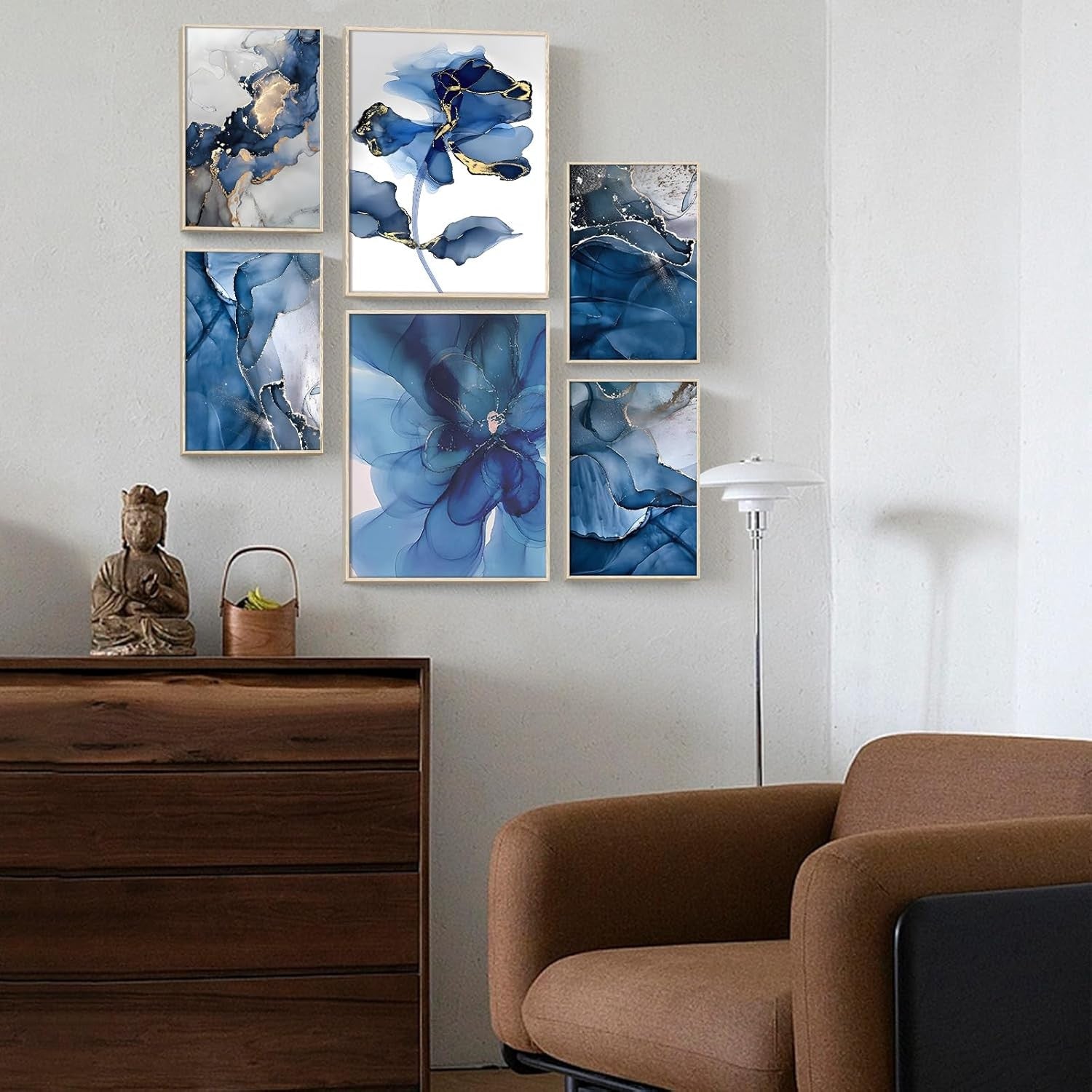 Blue Gold Floral Canvas Wall Art Set 6Pcs Framed 12x16in