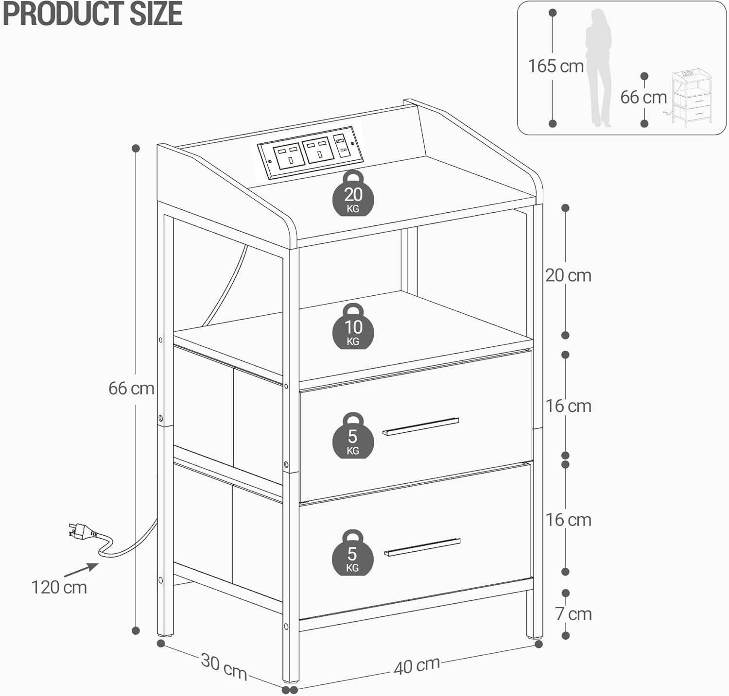 White Bedside Table with USB Type-C Charging Ports & 2 Drawers