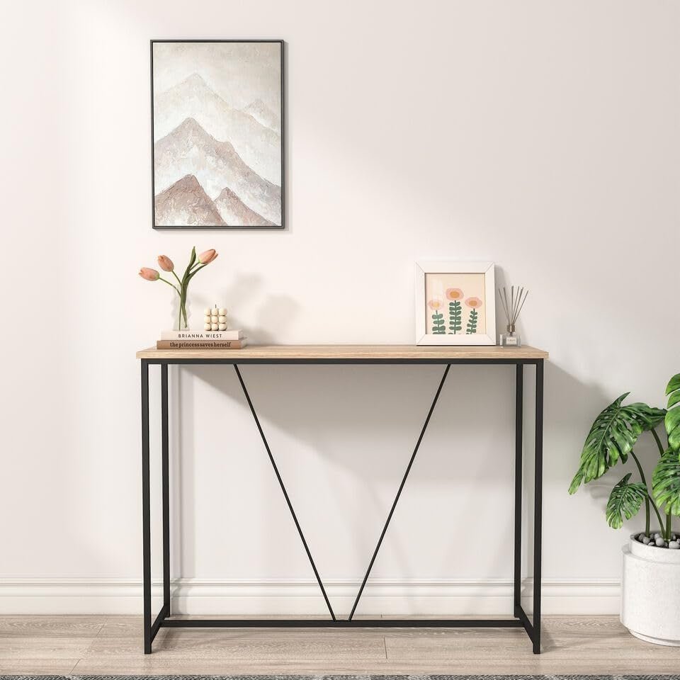 Slim Wooden Console Table with Display Shelf for Entryway & Living Room