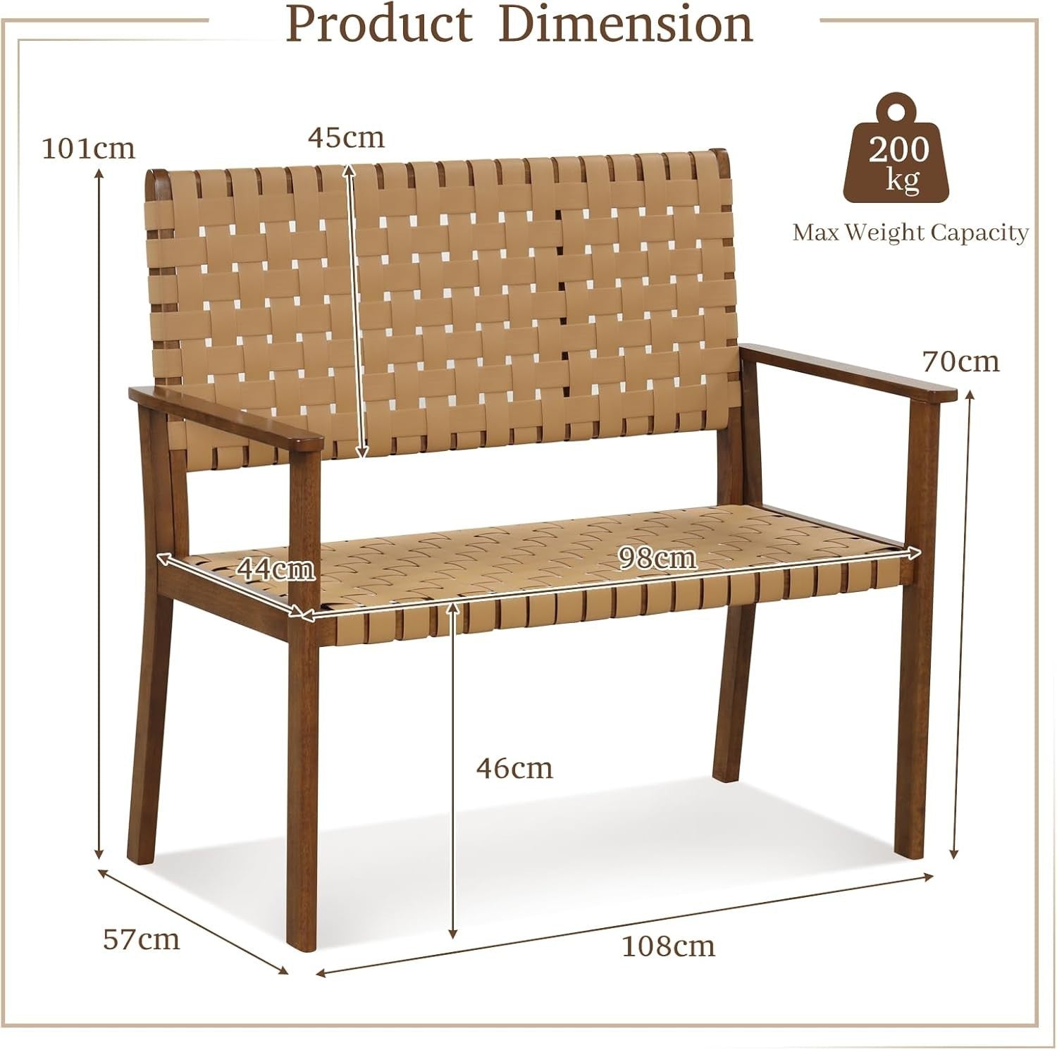2 Seater Outdoor Rattan Garden Bench with Wood Frame Patio Balcony Seat
