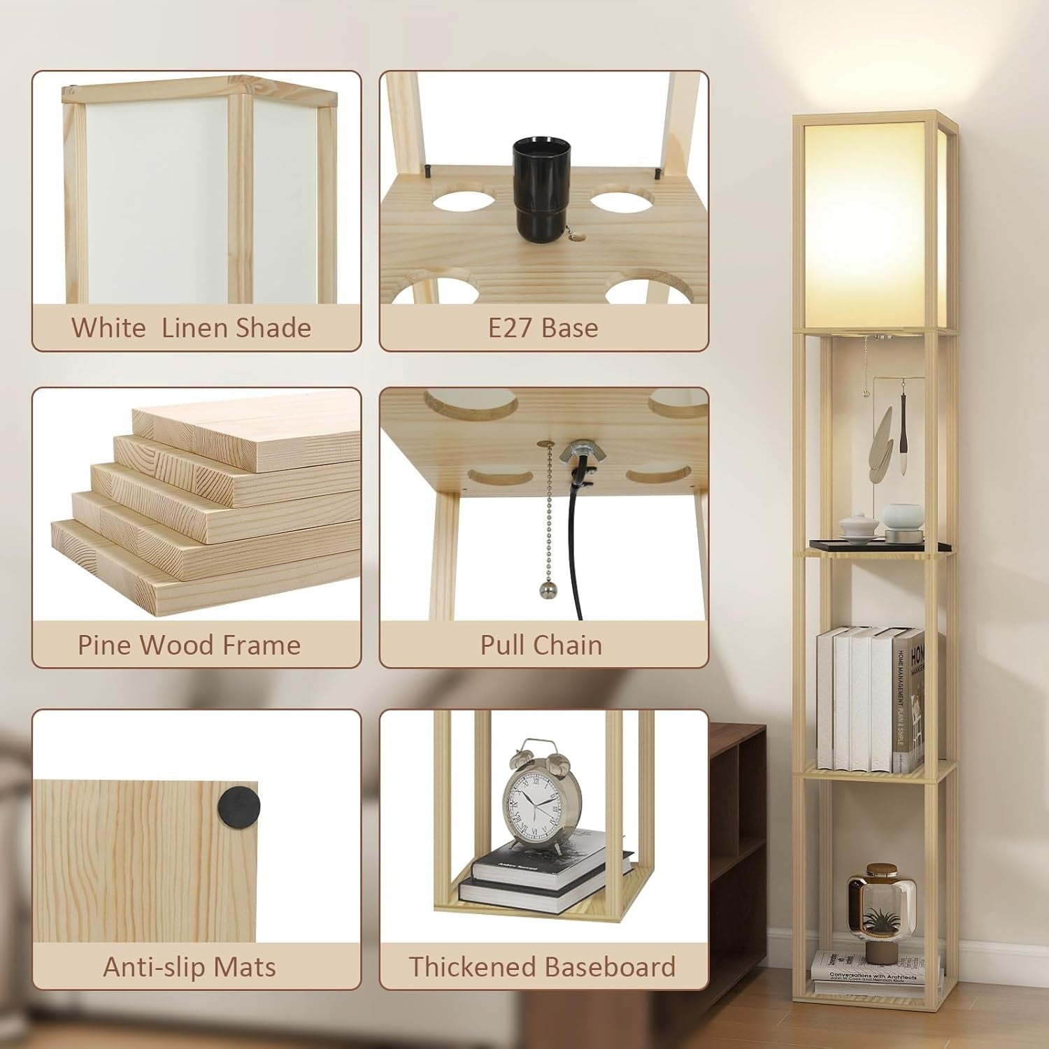 Floor Lamp with Shelves Storage Standing Light Wooden Modern E27 Tall