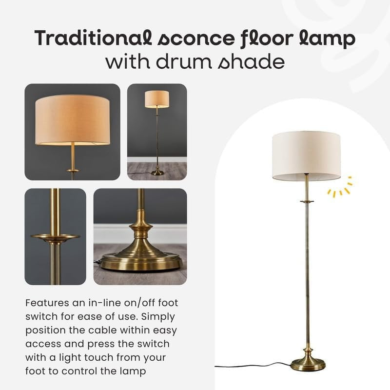 Antique Brass Floor Lamp with Black Drum Shade Traditional Standing Light