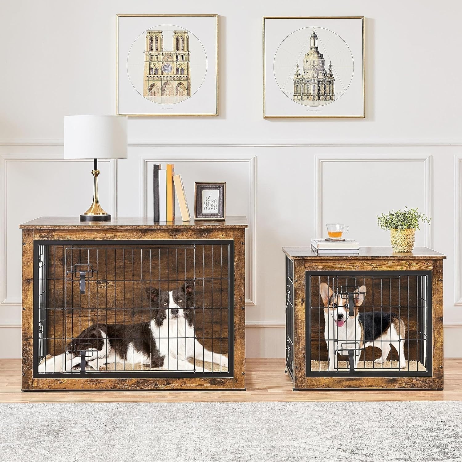 Rustic Brown Small Dog Crate Furniture with Cushion & Double Doors 69x51x61cm
