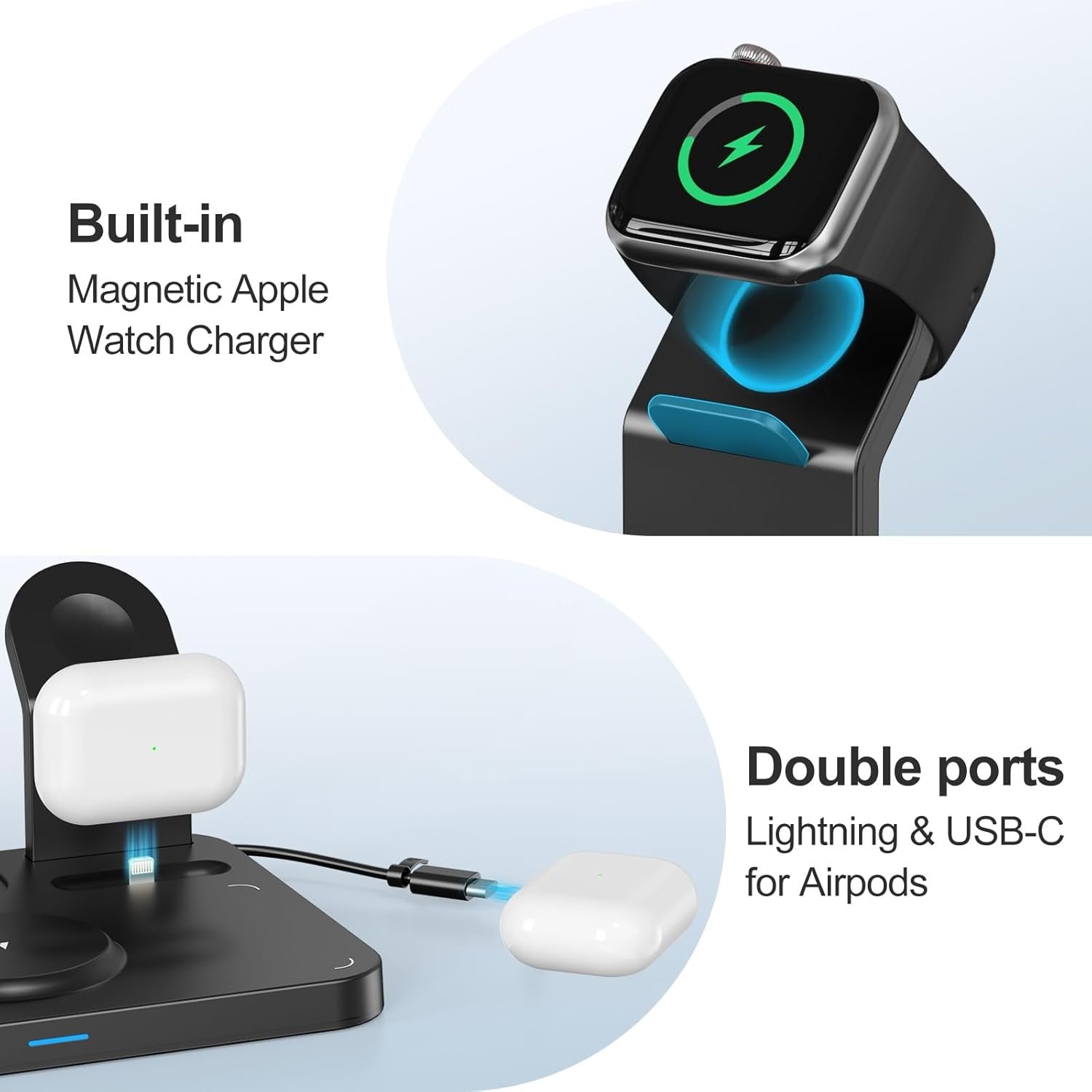 Black 5-in-1 Wireless Charging Station Alarm Clock Night Light Phone Watch