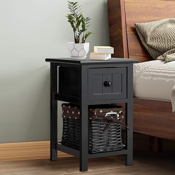 Modern Solid Wood Bedside Table with Drawer & Wicker Basket | Slim Nightstand