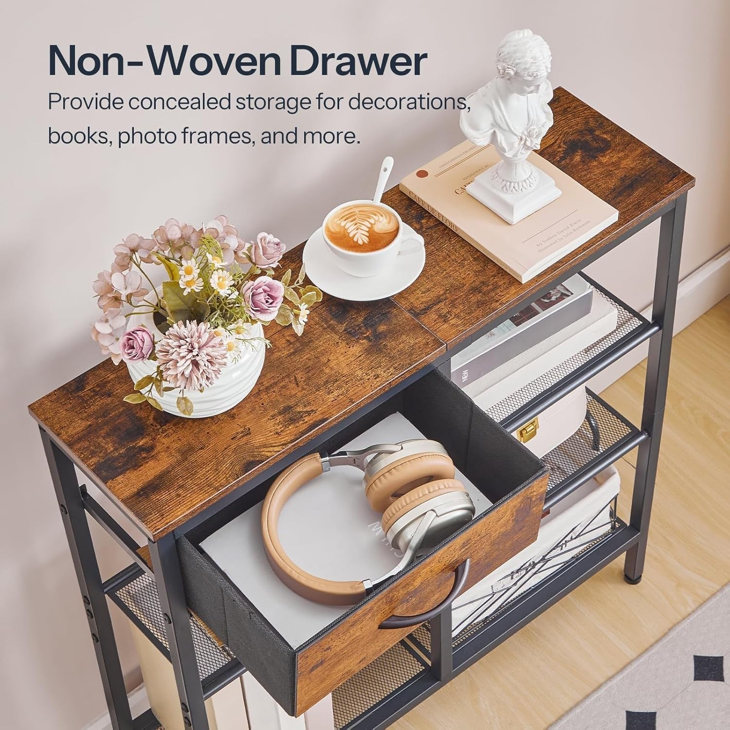 Slim 5-Tier Console Table with Drawer & Storage Shelves, Rustic Industrial