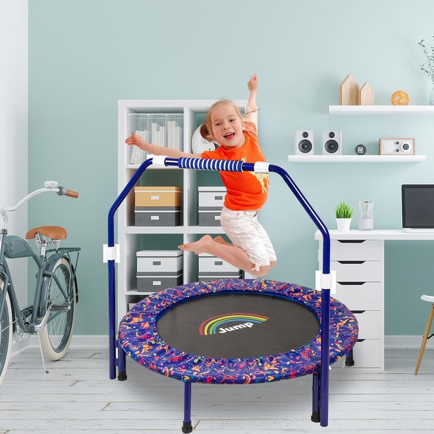 36'' Kids Mini Trampoline Foldable Quiet Rebounder Safety Handle Blue