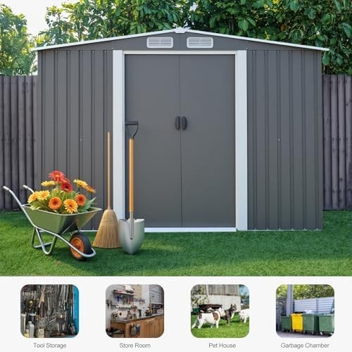 Large 10x8 ft Metal Garden Shed Outdoor Storage with Lockable Doors