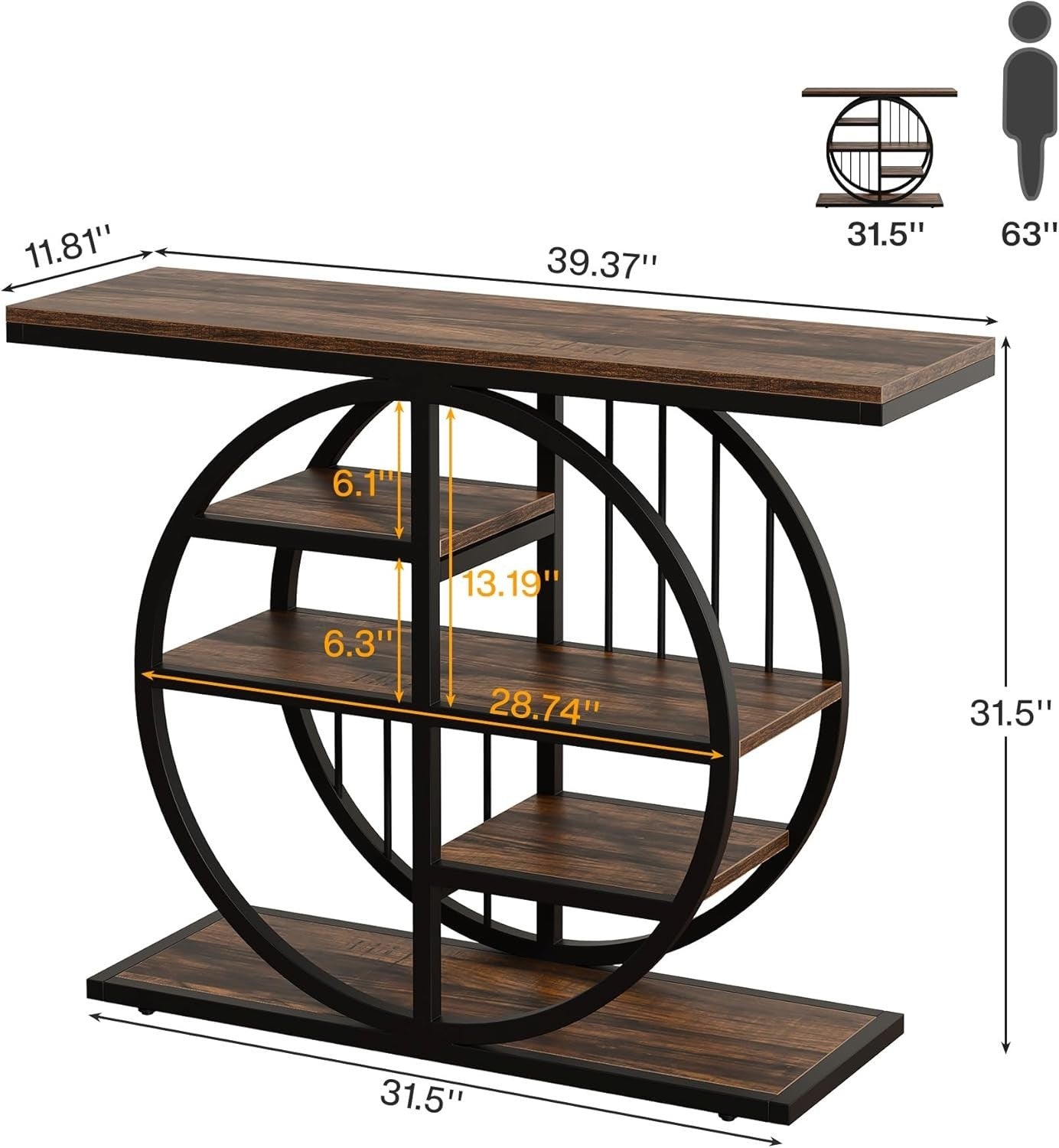 Industrial 5-Tier Console Table with Storage Shelves, Rustic Brown, 100cm