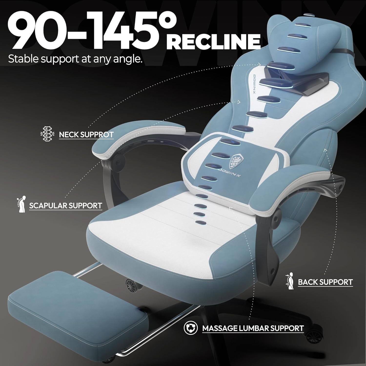 Gaming Chair Reclining Office Desk Chair Massage Footrest Blue White Fabric