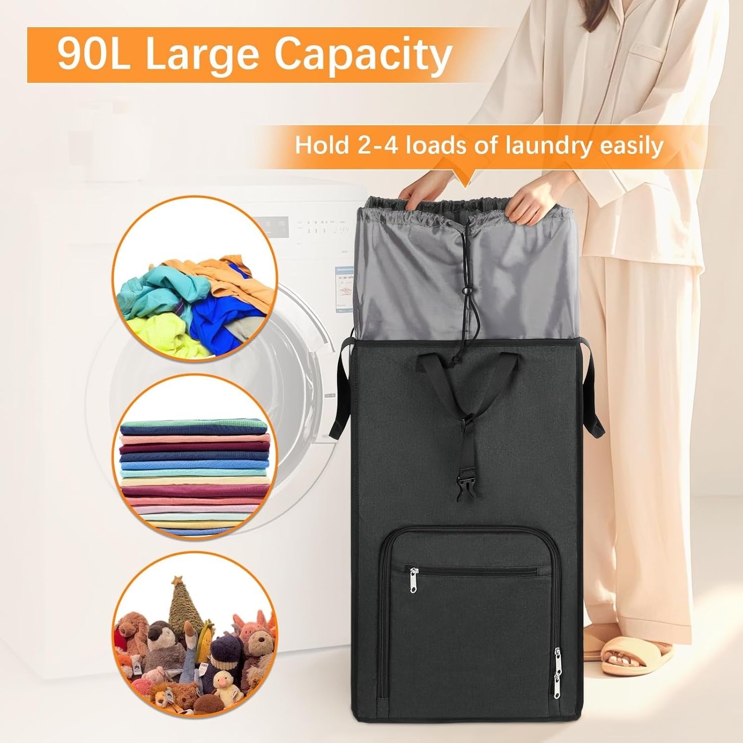 90L Rolling Laundry Basket with Wheels Large Collapsible Hamper Bag & Cart Grey