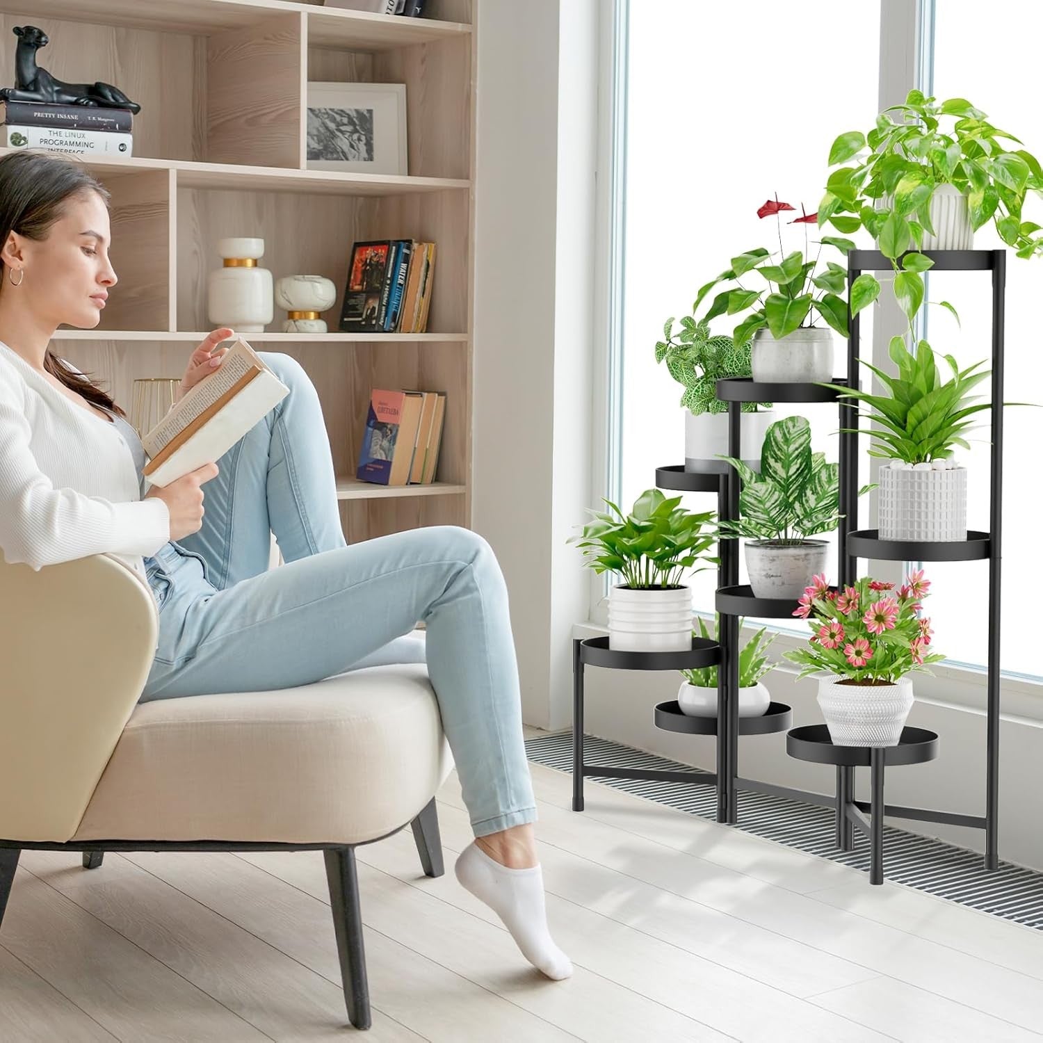 8 Tier Black Metal Plant Stand Indoor Outdoor Tall Corner Flower Shelf