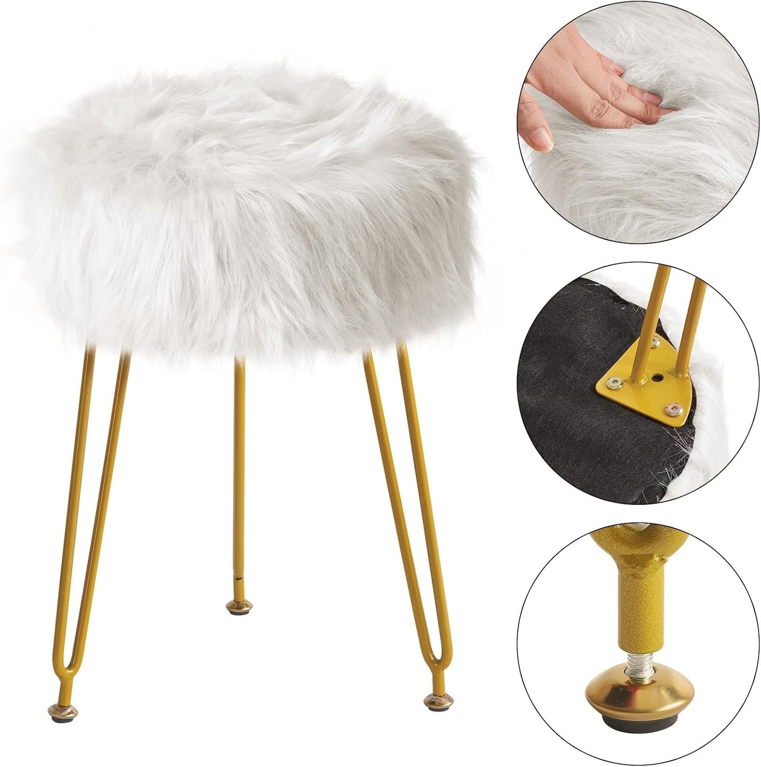White Faux Fur Vanity Stool with Storage – Round Makeup Ottoman with Metal Legs