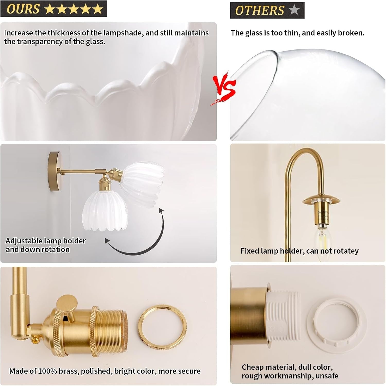 Vintage Gold Wall Sconce Tulip Glass Shade 180° Adjustable Light with Switch