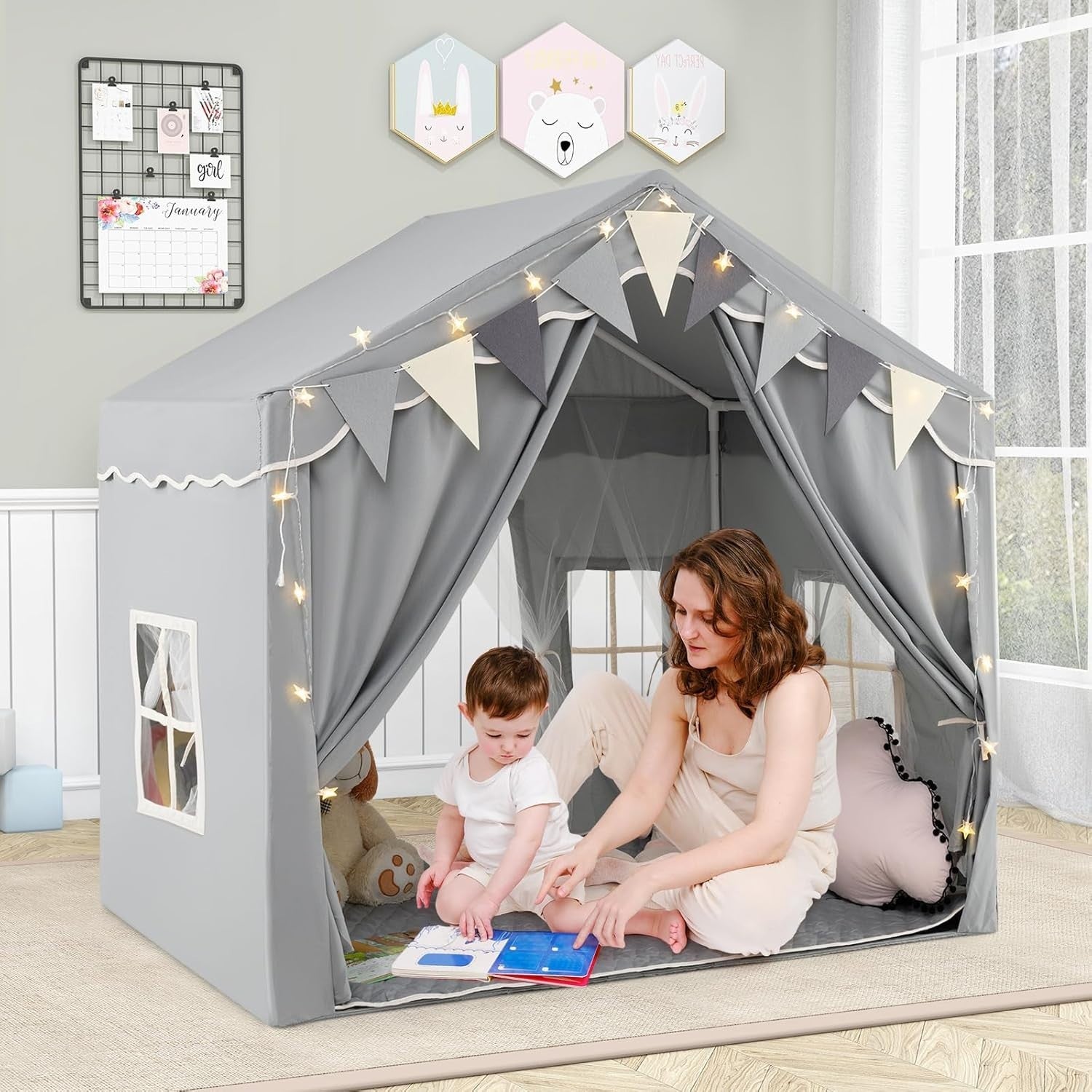 Grey Kids Castle Playhouse Tent Indoor Outdoor w Lights Mat Windows