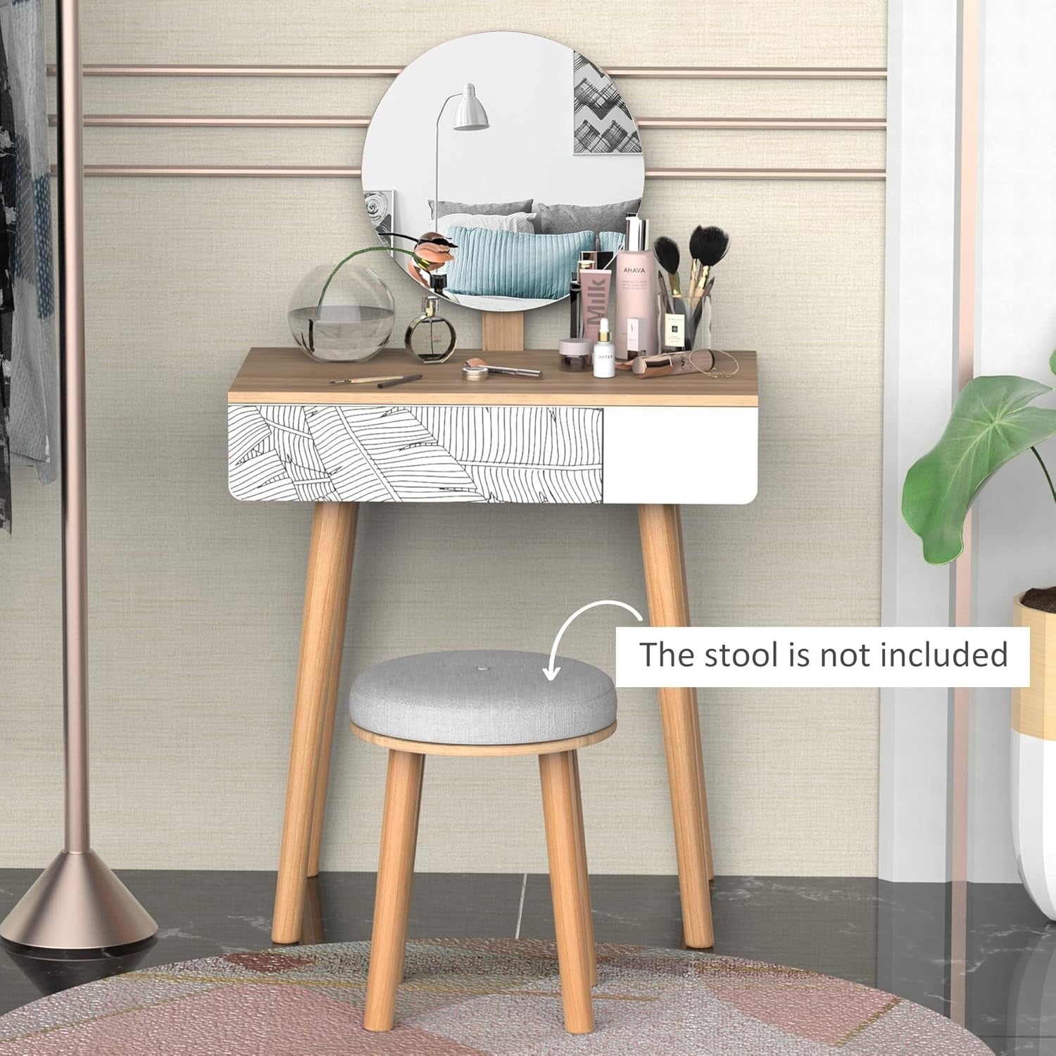 White Oak Small Vanity Dressing Table with Adjustable Mirror & Drawer Storage