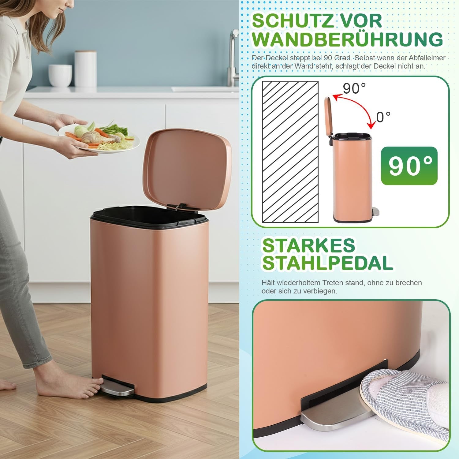 50L Stainless Steel Kitchen Bin Step On Lid Soft Close Pink