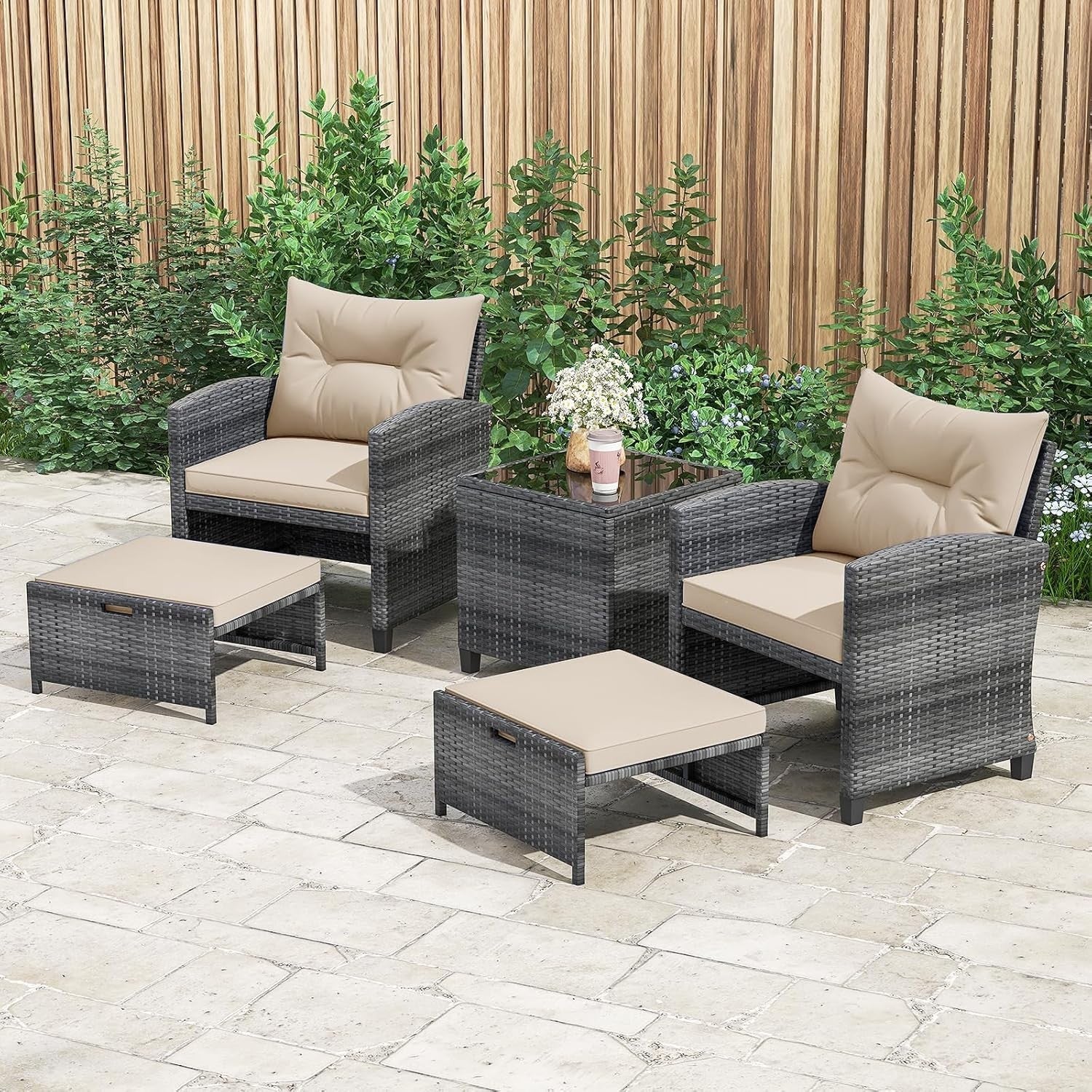 5 Piece Rattan Garden Sofa Set with Removable Cushions Patio Conversation