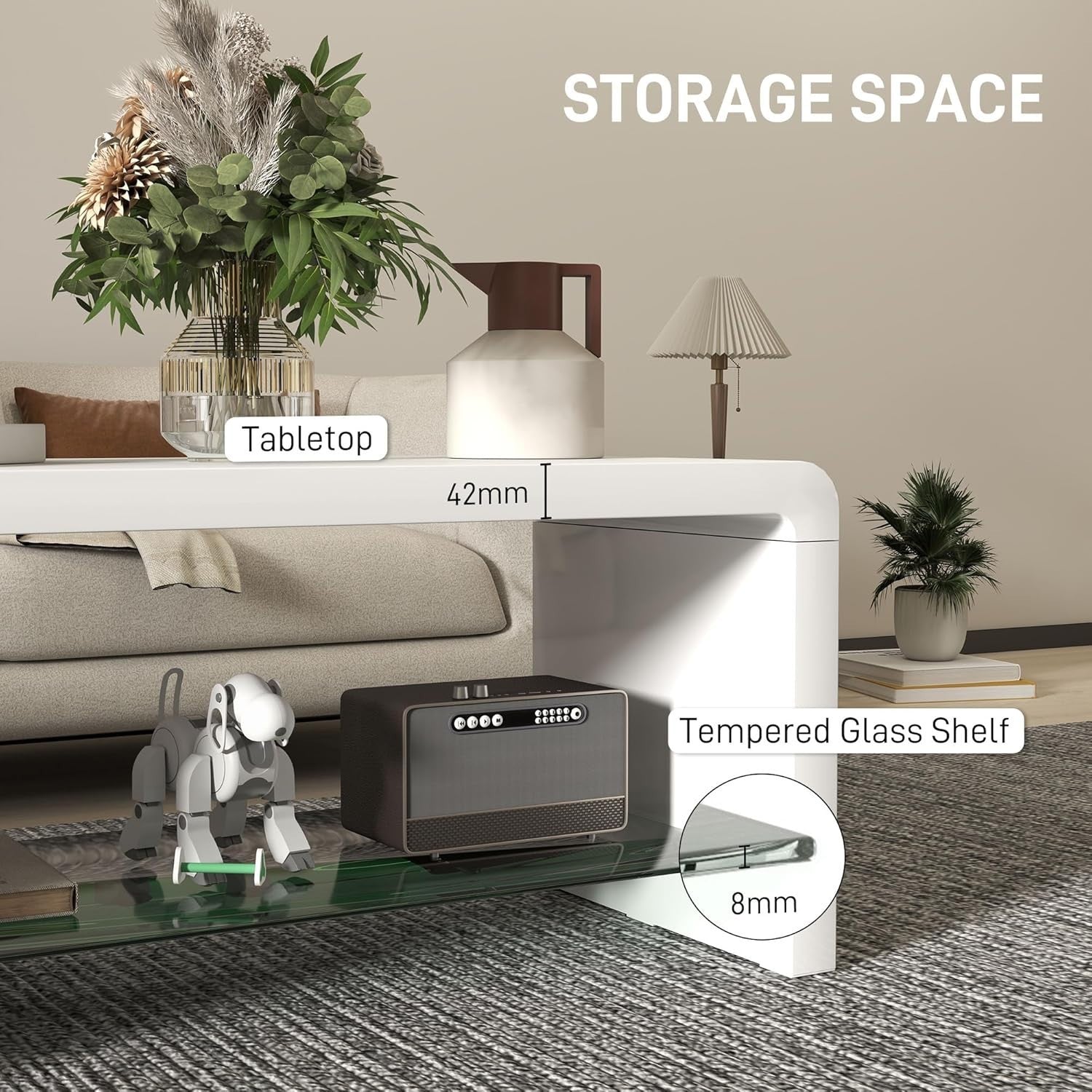 Modern High Gloss White Coffee Table with Storage & Glass Shelf 100x45x45 cm
