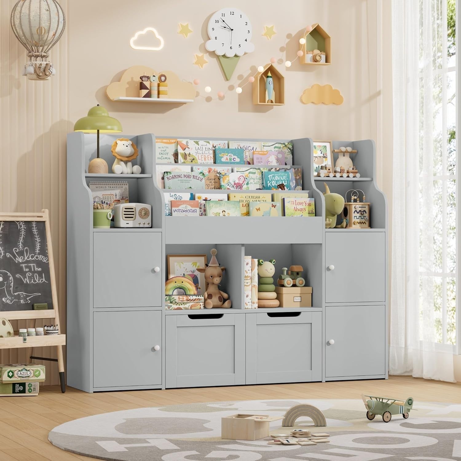 3-Tier Kids Toy Storage Unit with Drawers & Doors, Bookshelf 122x30x100cm